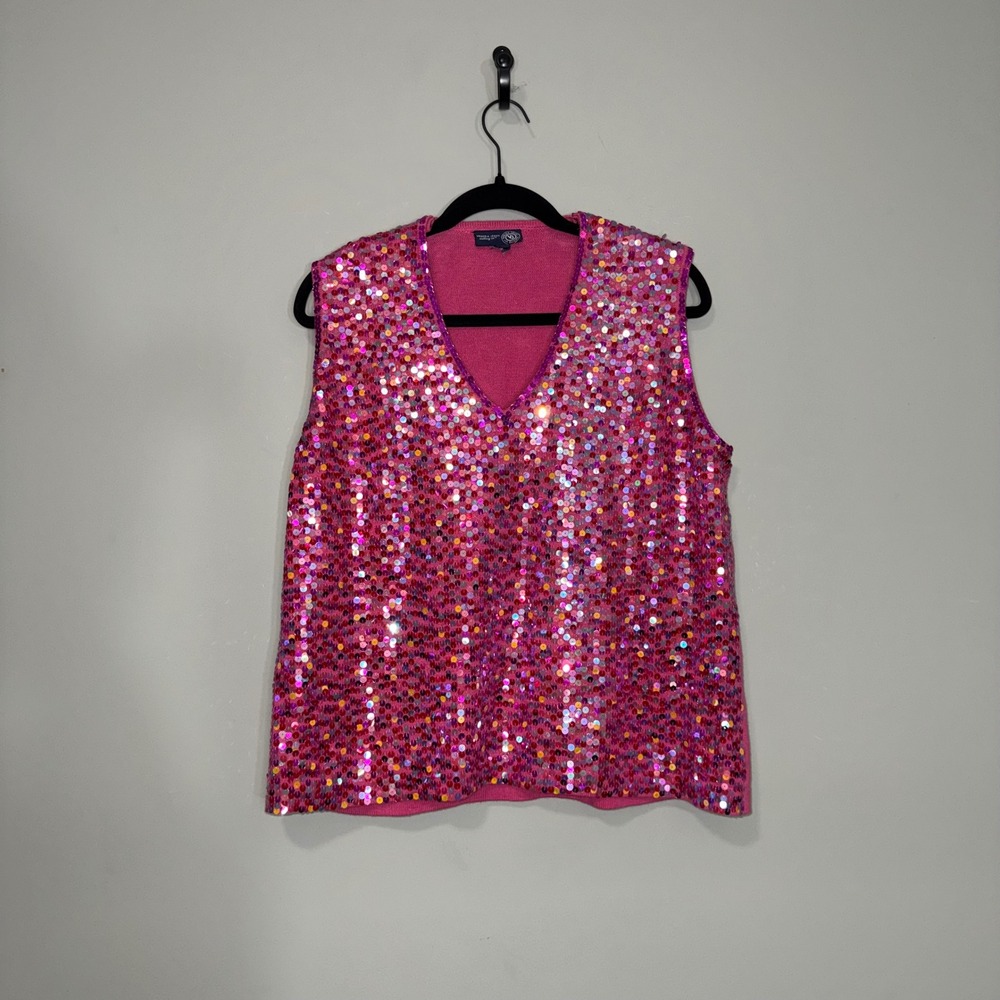 Vintage Venezia Jeans Pink Sequin Sweater Vest‎ V-Neck Sleeveless Knit Glam Top
